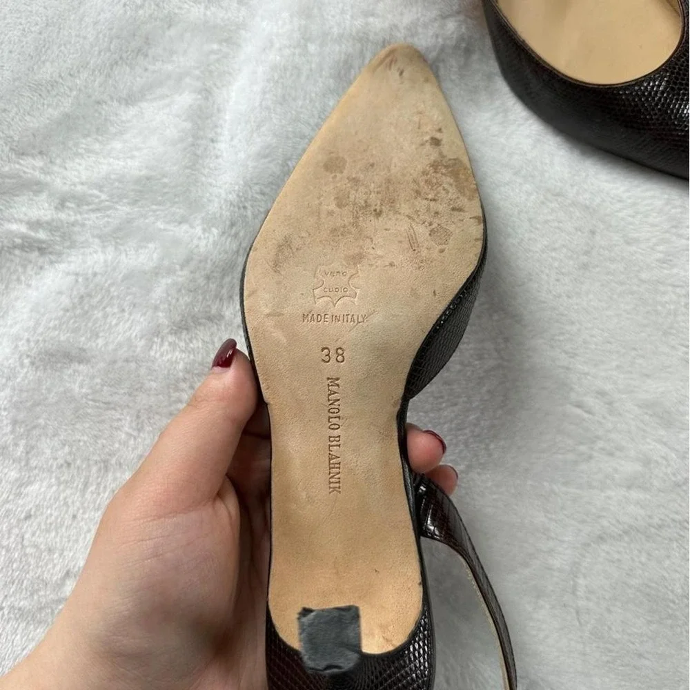 Manolo Blahnik Carolyn brown lizard embossed leather slingback pumps y2k euro